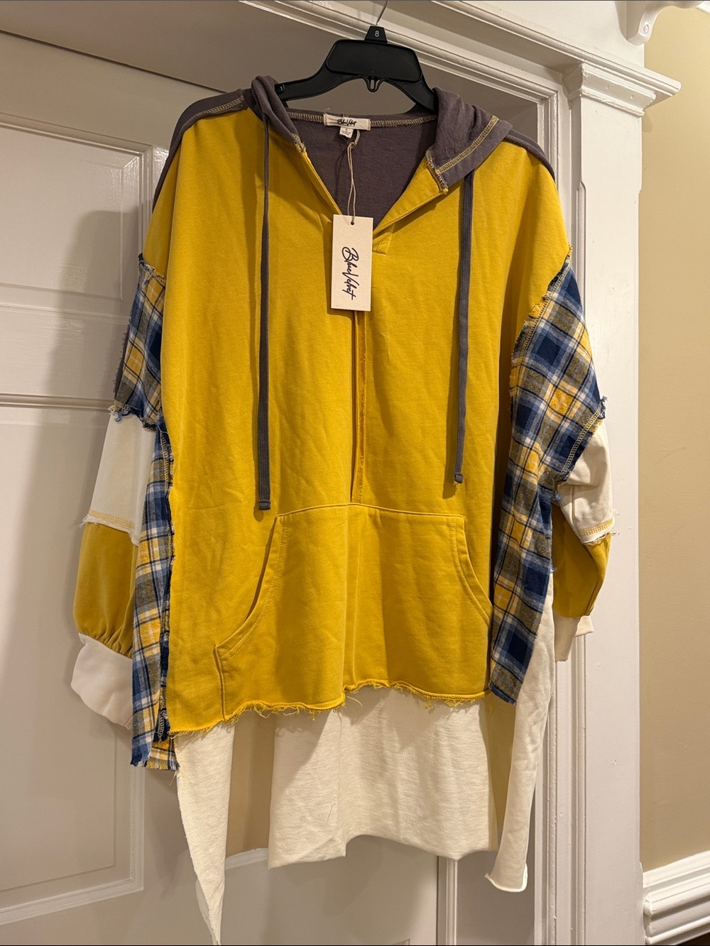 Blue Velvet Mustard Yellow patchwork Hoodie Sweater with Plaid Accent. S.  New